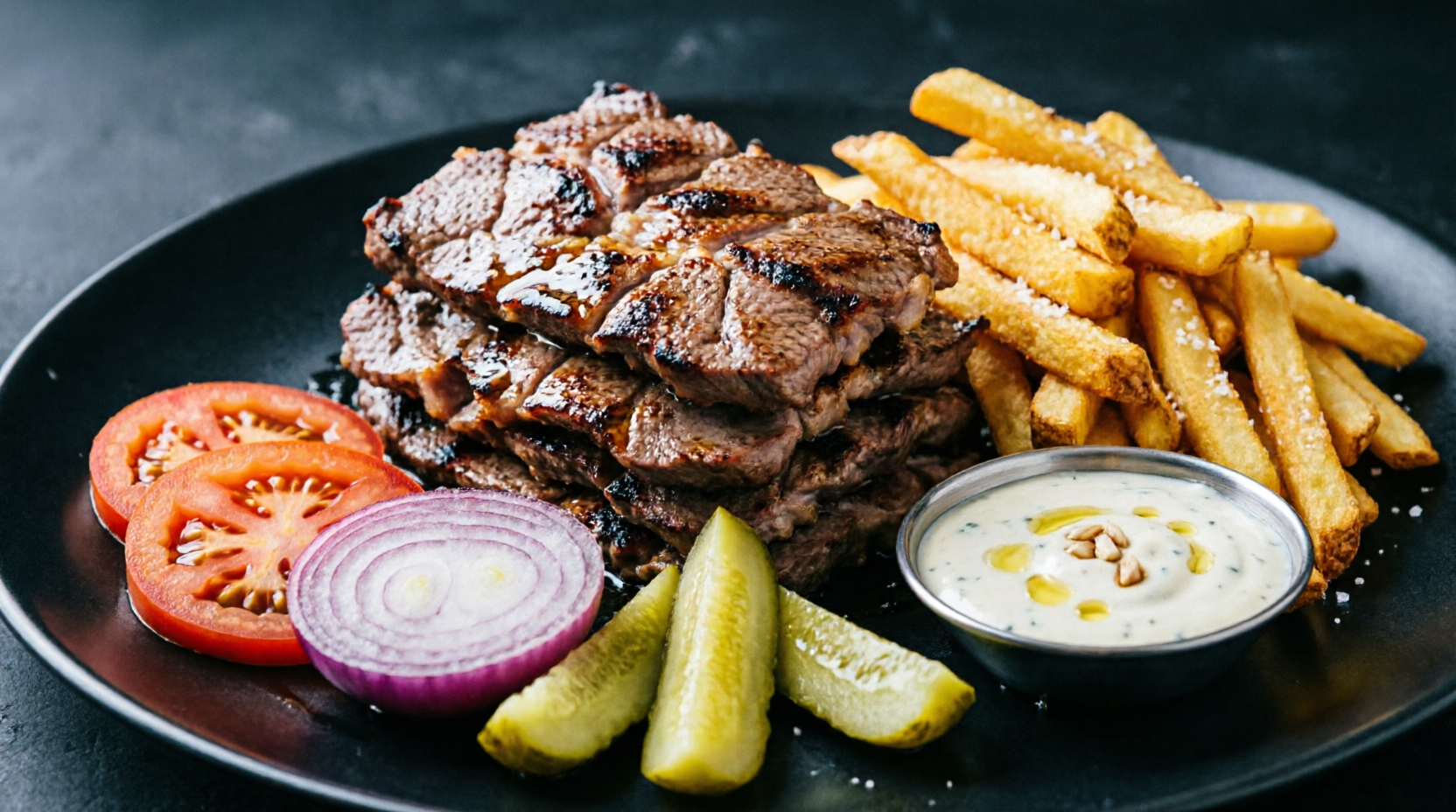 Beef Shawarma Plate with fries and garlic sauce