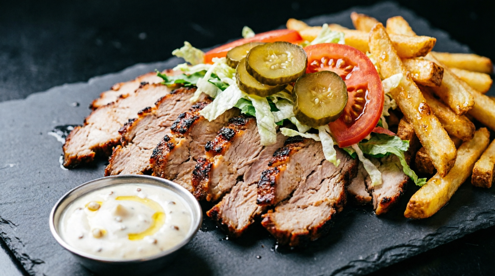 Sliced grilled lamb shawarma with fries and garlic sauce