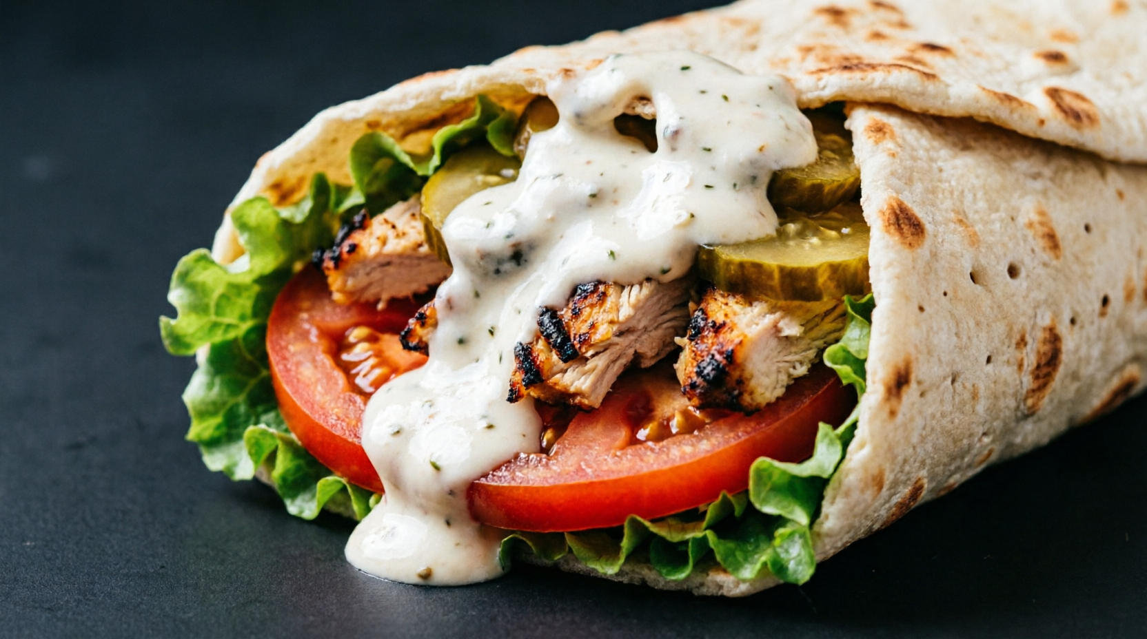 Shawarma Wrap with garlic sauce in fresh pita
