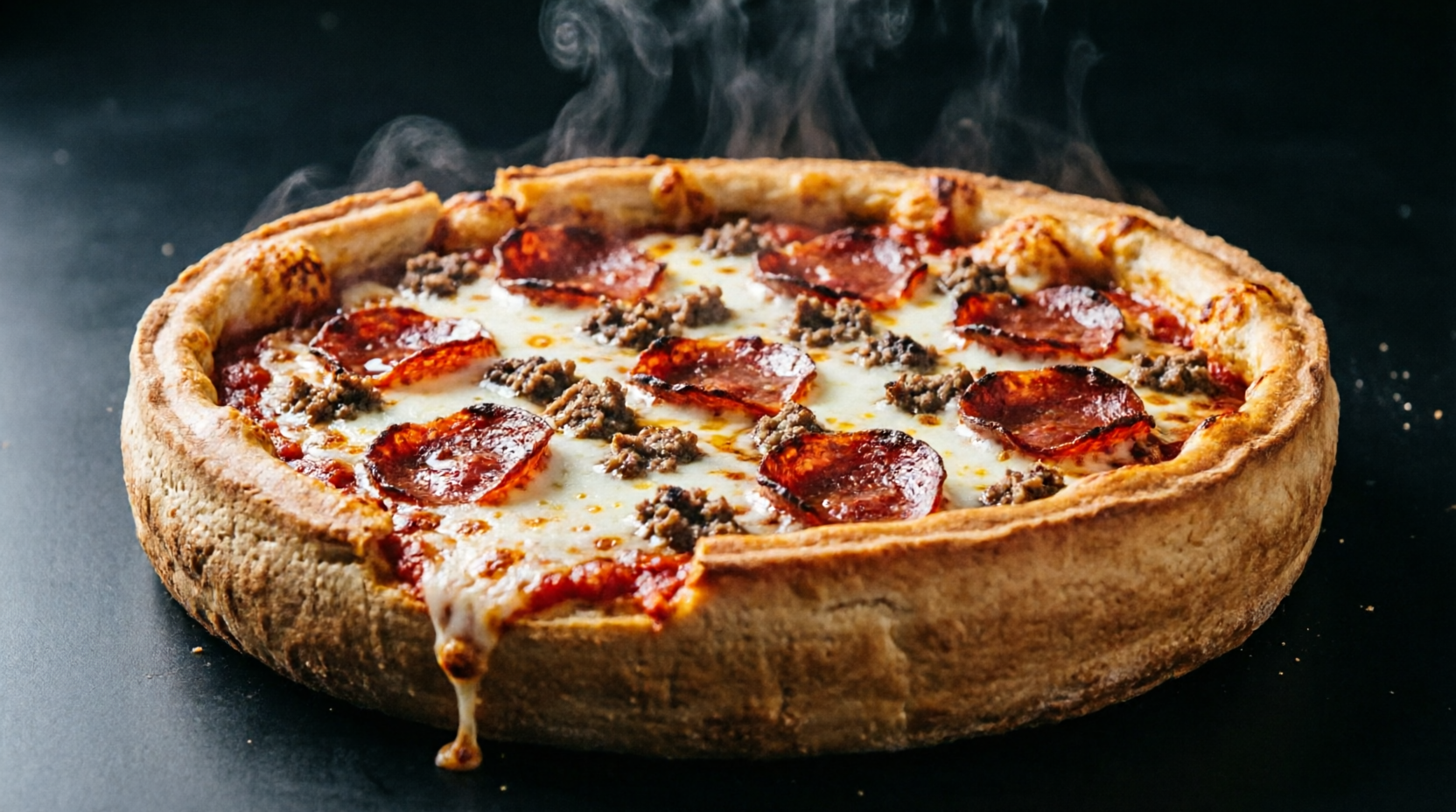 Chicago deep dish pizza with thick buttery crust