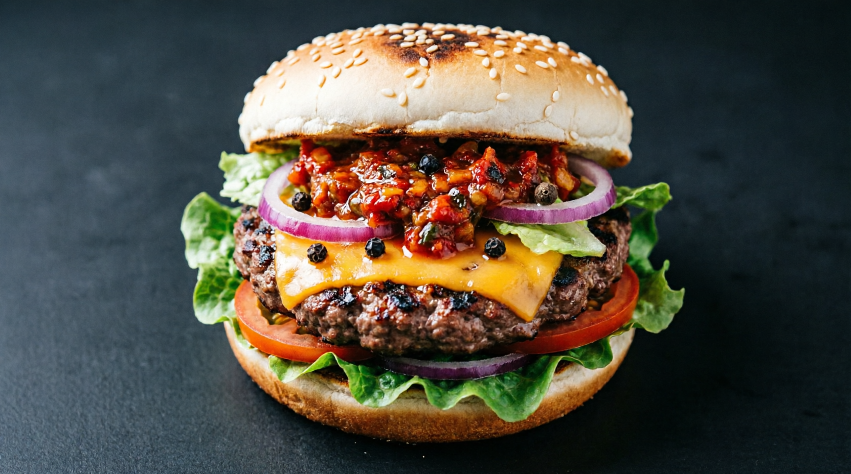 Gourmet spicy burger with cheese and relish