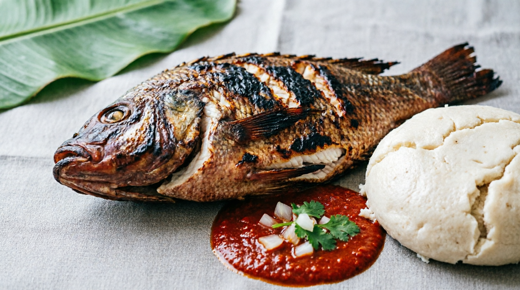 Authentic Ghanaian grilled tilapia with banku and red pepper sauce