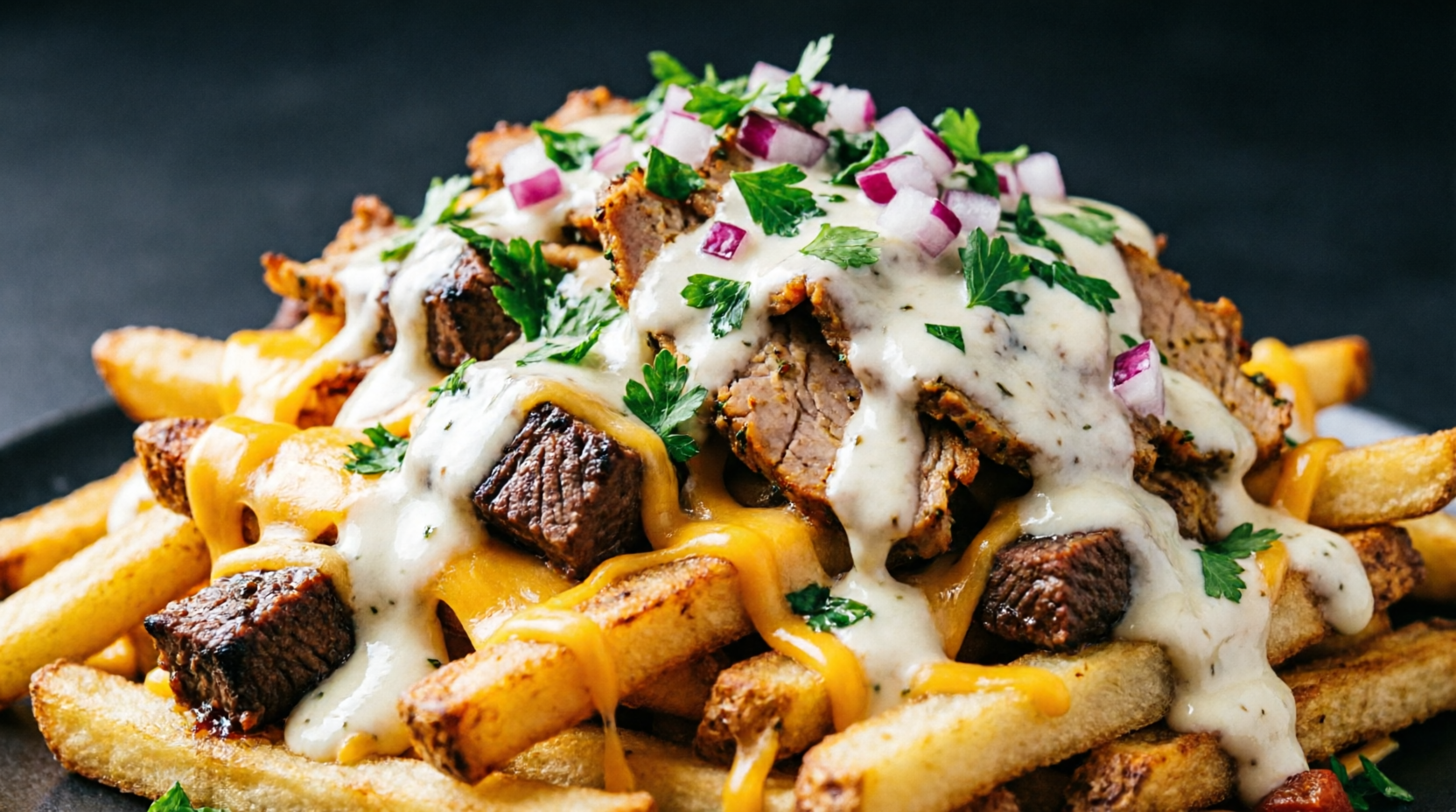 Loaded Beef Shawarma Fries with cheese and garlic sauce