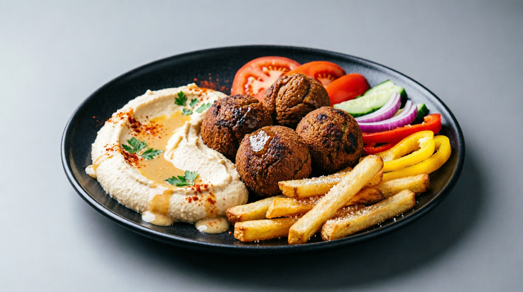 Falafel Shawarma Plate with hummus and vegetables