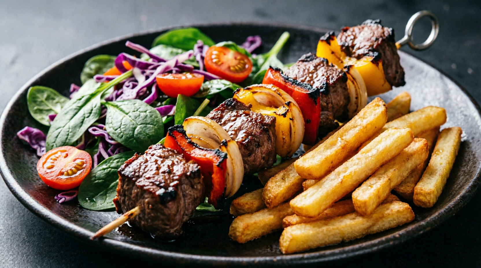 Grilled lamb kebab with peppers and fries at Black Castle Grill