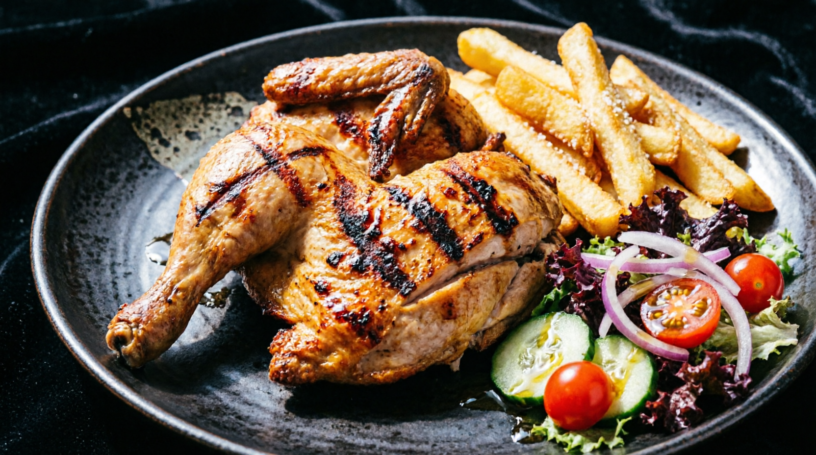 Grilled half chicken with fries and salad