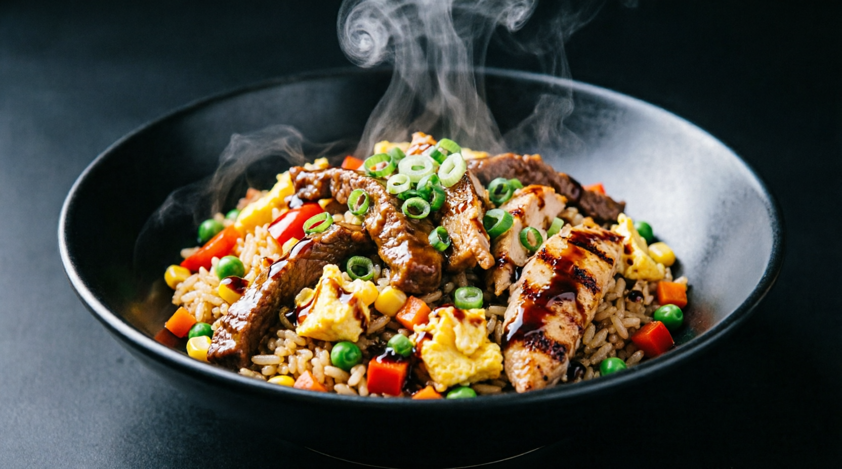 Steaming combo fried rice with chicken and beef