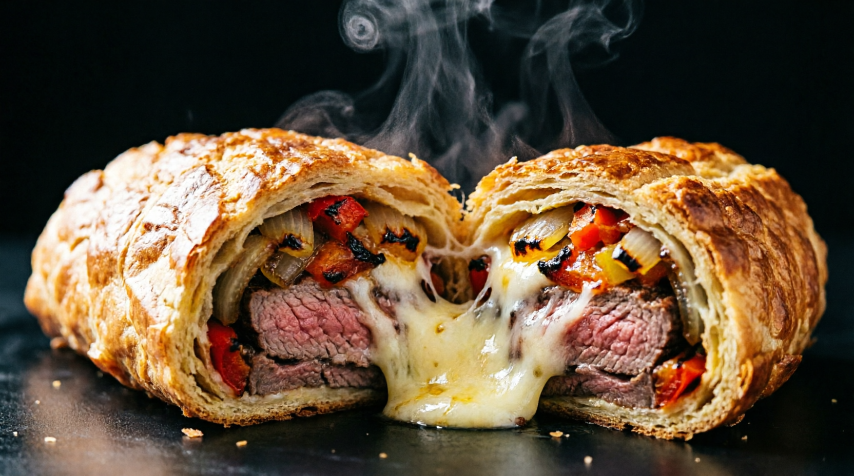 Cheese steak egg roll with melted cheese and peppers