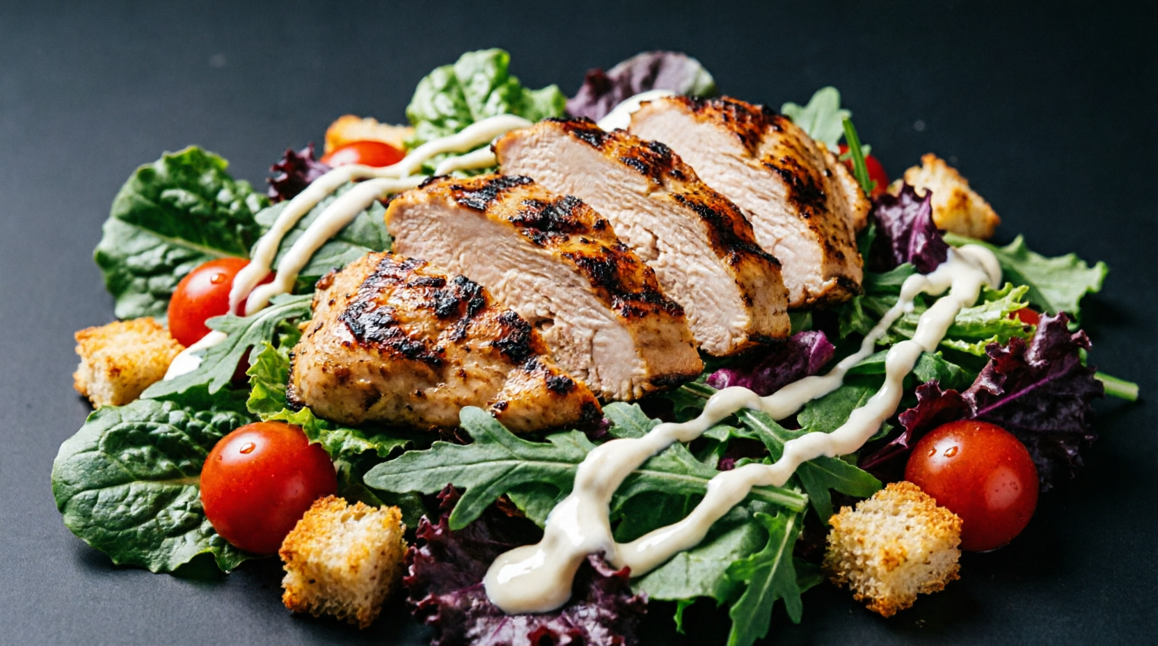 Grilled chicken salad with fresh greens and croutons