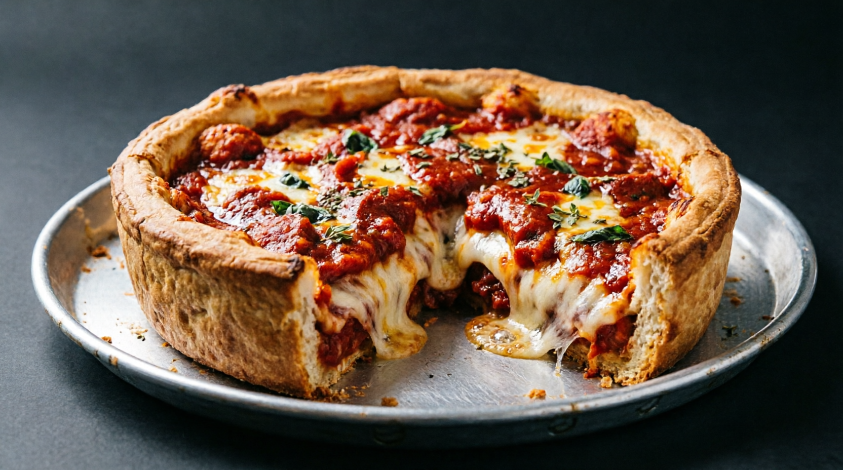 Chicago deep dish pizza with bubbling cheese and fresh basil